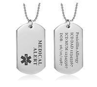 howson london Medical Alert Dog Tag Necklace for Men Women Personalized ID Medical Allergy SOS Awareness of Any Condition Ultimate Emergency Identity for Men Women or Teens with Chain (Silver)