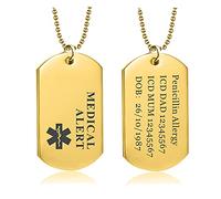 howson london Medical Alert Dog Tag Necklace for Men Women Personalized ID Medical Allergy SOS Awareness of Any Condition Ultimate Emergency Identity for Men Women or Teens with Chain (Gold)