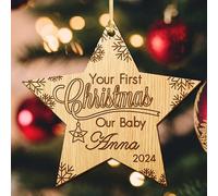 Howson London Personalised Baby's First 1st Christmas Bauble Tree Decoration 5 Designs Wooden Hanging Ornament Keepsake For Boy Or Girl Hand Finished in UK(Star)