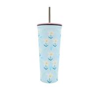 Hox 600ml Double Wall Stainless Steel Travel Soda Cup with Straw - Blue Floral Lily