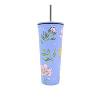 Hox Double Wall Stainless Steel 600ml | Eco Friendly BPA-Free Plastic School Water Sipper with Removable Straw | Gift for Kids & Show Fans | Cartoon Floral Blue