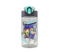 HOX Official Minecraft 600ml Water Bottle ft Alex & Steve - Lightweight Plastic Drinks Bottle + Carry Loop - Removable straw & Flip Spout | Gift for Minecraft Gamers, White/Opaque