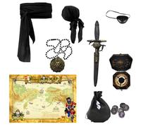 Hoxemator 9 PCS Pirate Accessories Set for Women & Men - Black Head Scarf & Sash Belt, Eye Patch, Compass, Map, Coin Bag, Coins, Necklace - Halloween Pirate Costume Outfit Role Play for Party&Cosplay