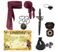 Hoxemator 9 PCS Pirate Accessories Set for Women & Men - Red Head Scarf & Sash Belt, Eye Patch, Compass, Map, Coin Bag, Coins, Necklace - Halloween Pirate Costume Outfit Role Play for Party & Cosplay
