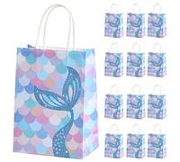 Hoxfly 12PCS Mermaid Party Bags, Small Gift Bags With Handles, Coloured Present Bag, Kraft Paper Bags for Kids Party, Birthday, Christmas - 15×8×21 cm, Blue
