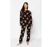 Hoxton Gal 100% Cotton Knitted Teddy Bear Print Pyjama Set In Black Black M