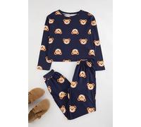 Hoxton Gal 100% Cotton Knitted Teddy Bear Print Pyjama Set In Navy Navy M