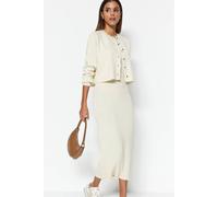 Hoxton Gal 2 Piece Ribbed Midi Dress With Matching Cardigan Set In Stone Stone XL