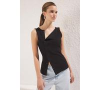 Hoxton Gal Asymmetric Button Front Ribbed Knit Sleeveless Top In Black Black S