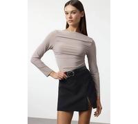 Hoxton Gal Boat Neck Draped Long Sleeve Fitted Top In Stone Stone S