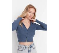 Hoxton Gal Bodycon Ribbed Stretch Polo Neck Crop Top With Button Detail In Indigo Indigo L