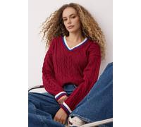 Hoxton Gal Collegiate Cable Knit Regular Fit Sweater In Burgundy Burgundy S