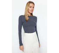 Hoxton Gal Cotton Rich Long Sleeve Top - Open Back Detail In Dark Grey Dark Grey M