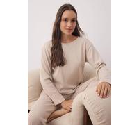 Hoxton Gal Cozy Ribbed Knit Long Sleeve & Wide Leg Pajama Set - 2 Piece In Beige Beige L