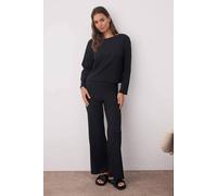 Hoxton Gal Cozy Ribbed Knit Long Sleeve & Wide Leg Pajama Set - 2 Piece In Black Black M