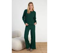 Hoxton Gal Cozy Ribbed Knit Long Sleeve & Wide Leg Pajama Set - 2 Piece In Green Green XL