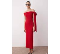 Hoxton Gal Elegant Off-Shoulder Fitted Knit Maxi Dress With Shoulder Bow Detail In Red Red 8