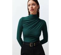 Hoxton Gal Fitted Ruched Asymmetric High Neck Knit Top With Long Sleeve In Green Green S