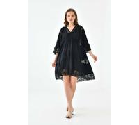 Hoxton Gal Oversized 3/4 Sleeves Lace Detailed V Neck Mini Dress In Black Black