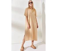 Hoxton Gal Oversized Cotton T-Shirt Dress With Side Slit In Beige Beige L/XL