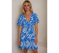 Hoxton Gal Oversized Floral V-Neck Boho Style Smocked Mini Dress In Blue Blue One Size