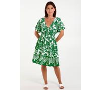 Hoxton Gal Oversized Floral V-Neck Boho Style Smocked Mini Dress In Green Green One Size