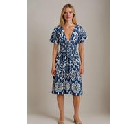 Hoxton Gal Oversized Floral V-Neck Boho Style Smocked Mini Dress In Navy Navy One Size