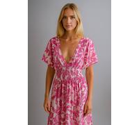 Hoxton Gal Oversized Floral V-Neck Boho Style Smocked Mini Dress In Pink Pink One Size