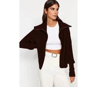 Hoxton Gal Oversized Half-Zip High Neck Knit Sweater In Brown Brown L