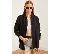 Hoxton Gal Oversized Muslin Button-Up Shirt With Front Pockets In Black Black L