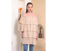 Hoxton Gal Oversized Off Shoulder Pleated Layered Detailed Blouse In Beige Beige
