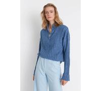 Hoxton Gal Oversized Ribbed Knit Sweater With High Neck And Button Placket In Blue Blue M