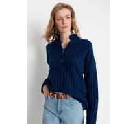 Hoxton Gal Oversized Ribbed Knit Sweater With High Neck And Button Placket In Navy Navy M