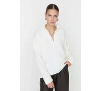 Hoxton Gal Oversized Ribbed Knit Sweater With High Neck And Button Placket In White White XL