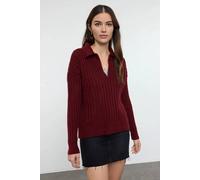 Hoxton Gal Oversized Ribbed Knit Sweater With Polo Collar And Deep V-Neck In Burgundy Burgundy S