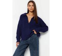 Hoxton Gal Oversized Ribbed Knit Sweater With Polo Collar And Deep V-Neck In Navy Navy L