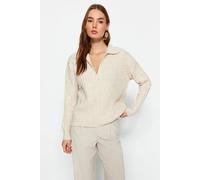 Hoxton Gal Oversized Ribbed Knit Sweater With Polo Collar And Deep V-Neck In Stone Stone M