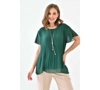Hoxton Gal Oversized Round Neck Short Sleeve Pleated Blouse With Necklace In Green Green One Size