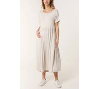 Hoxton Gal Oversized Round Neck Stretch Tiered Midi Dress In Beige Beige One Size