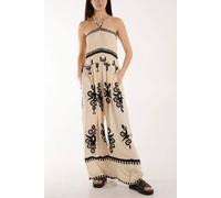 Hoxton Gal Oversized Strapless Wide Leg Printed Jumpsuit With Shirred Detail In Beige Beige One Size