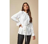 Hoxton Gal Oversized Tie Ruffle Neck Top With Tie Waist Detailed In White White