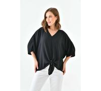 Hoxton Gal Oversized V Neck Tie Front Detailed Blouse With 3/4 Sleeves In Black Black One Size