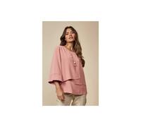 Hoxton Gal Oversized Women Layered Blouse With 3/4 Sleeve And Necklace In Pink Pink