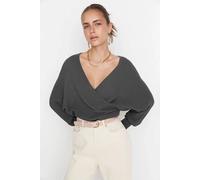 Hoxton Gal Oversized Wrap Front V-Neck Knit Sweater In Dark Grey Dark Grey S