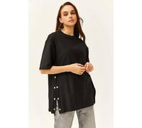Hoxton Gal Regular Fit 100% Cotton T-Shirt With Side Buttons In Black Black L