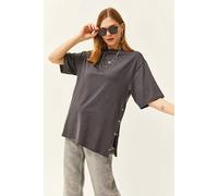 Hoxton Gal Regular Fit 100% Cotton T-Shirt With Side Buttons In Dark Grey Dark Grey XL