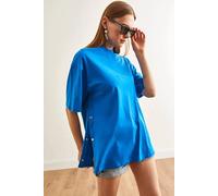 Hoxton Gal Regular Fit 100% Cotton T-Shirt With Side Buttons In Royal Royal S