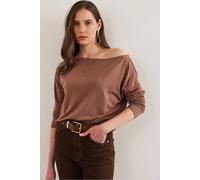 Hoxton Gal Regular Fit Boat Neck Long Sleeve Draped Jumper In Light Brown Light Brown S