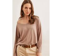 Hoxton Gal Regular Fit Casual V-Neck Blouse With Stitch Detail In Light Beige Light Beige L