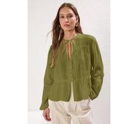Hoxton Gal Regular Fit Lace Sleeve Detail Textured Cotton Blouse In Khaki Khaki 10